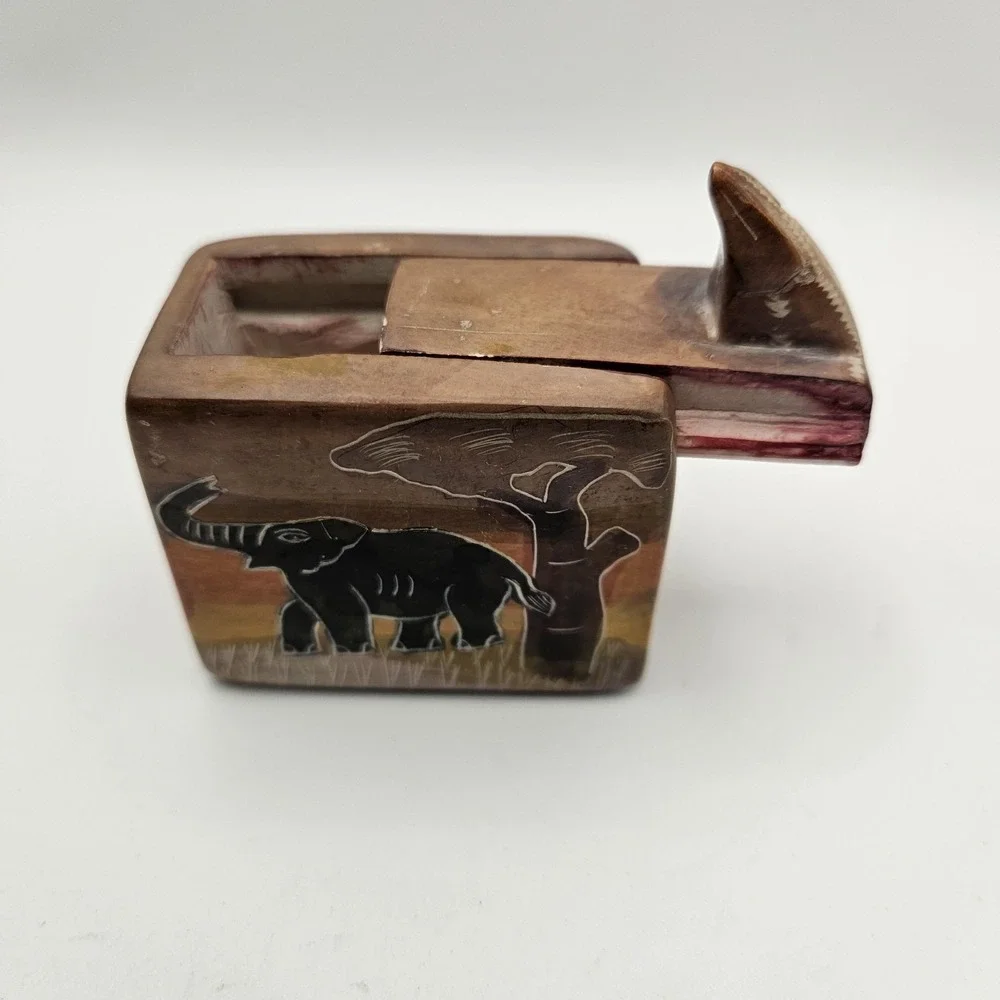 Hand Carved Soapstone Sliding Lid Elephant & Acacia Tree African Folk Art